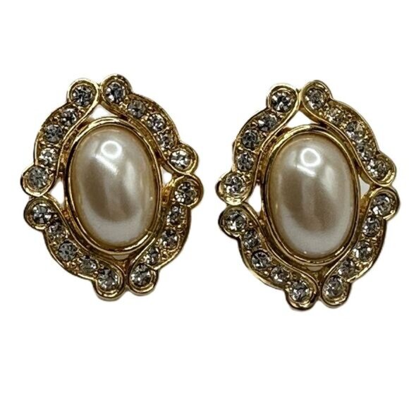 Vintage Gold Framed Pearl and Rhinestone Costume Earrings Large Statement Glam - Picture 2 of 6